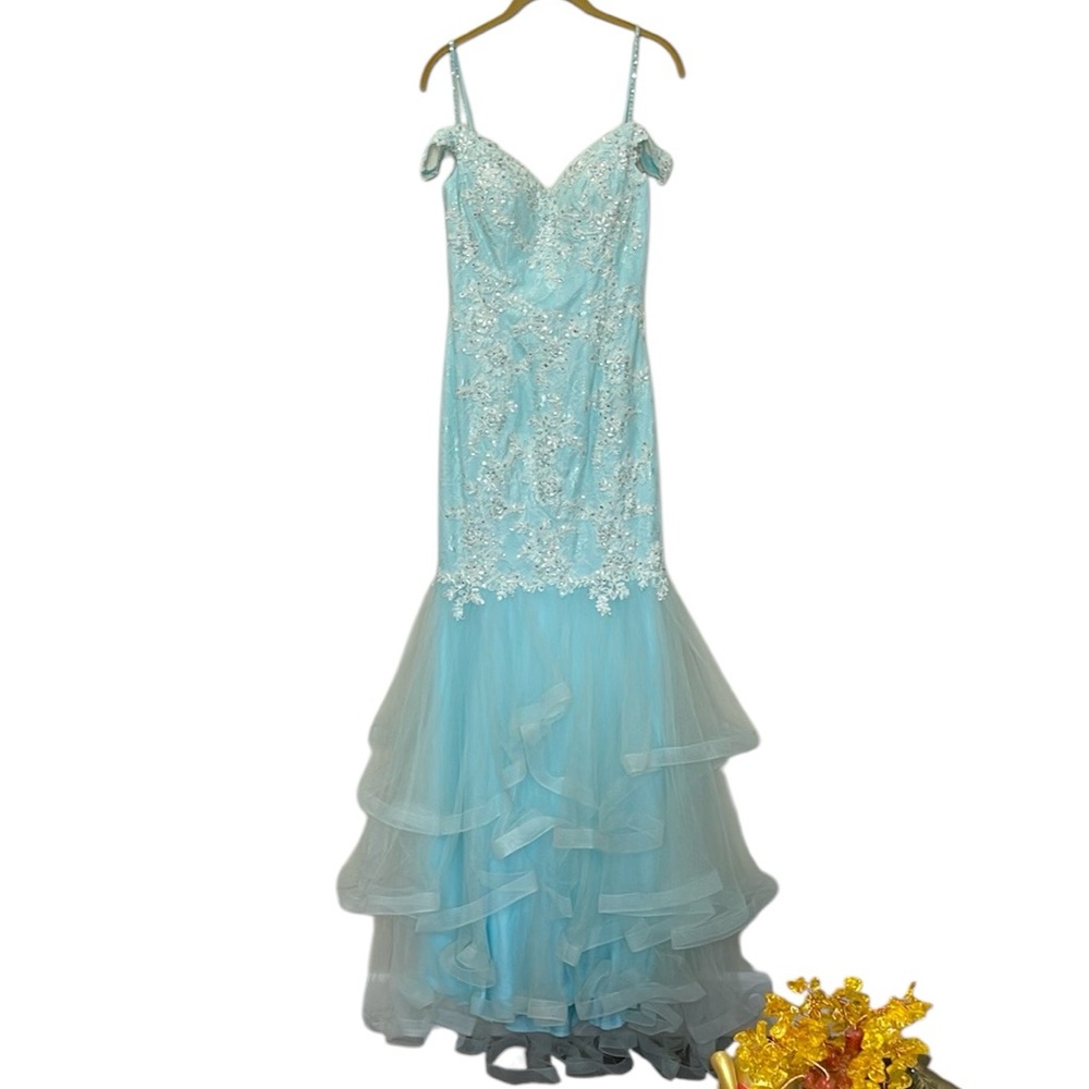 Royal Queen Collection Elegant Light Blue Gown with Lace Details